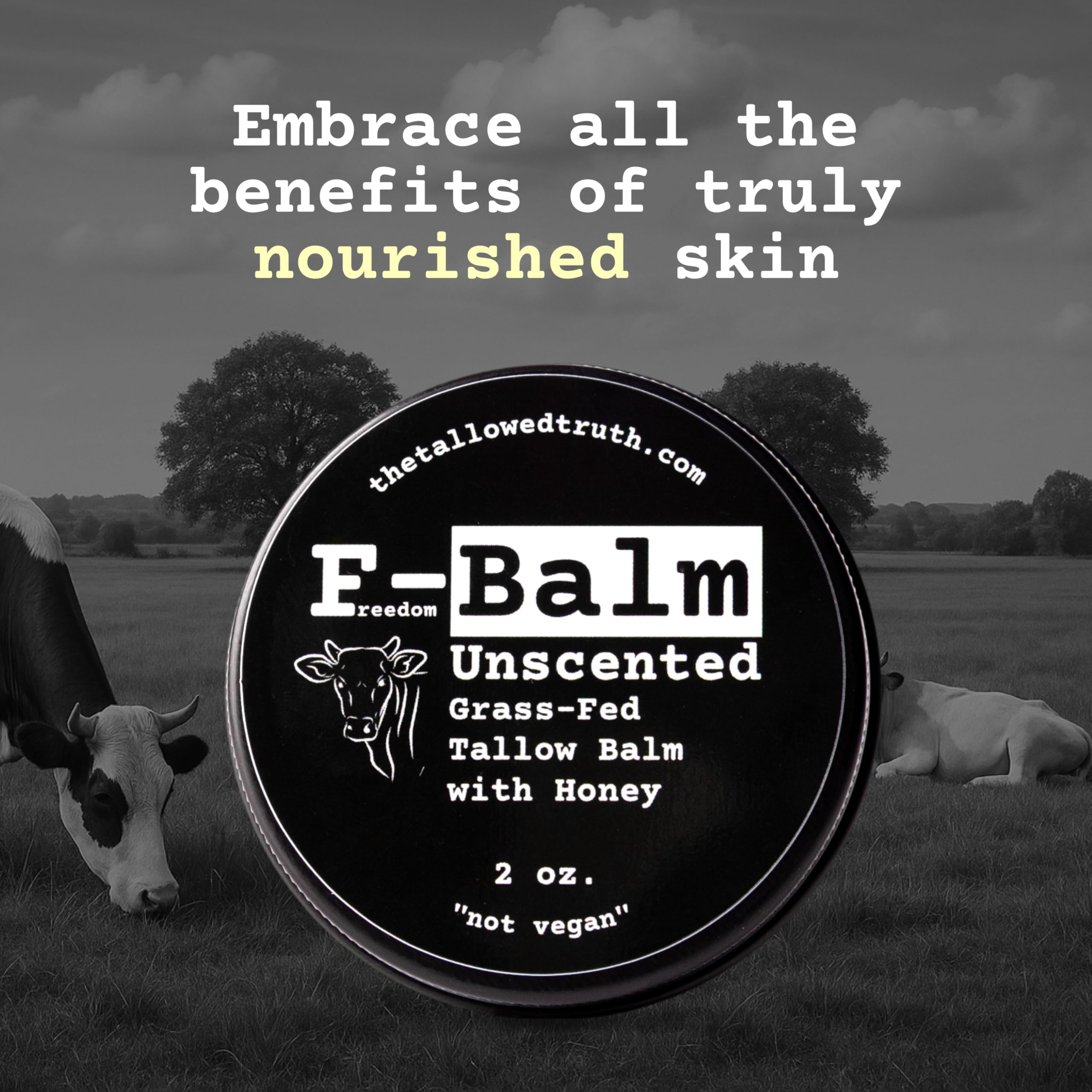 The Tallowed Truth F-Balm grass-fed tallow close-up highlights main ingredient.