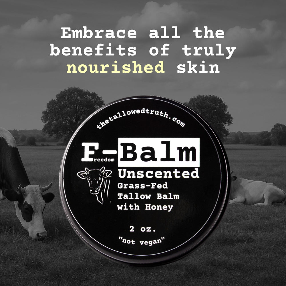 The Tallowed Truth F-Balm grass-fed tallow close-up highlights main ingredient.