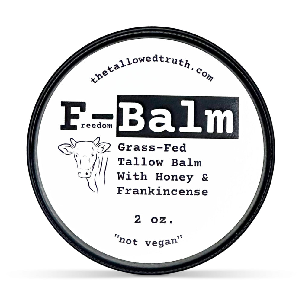 The Tallowed Truth F-Balm jar close-up shows creamy texture for daily moisturization
