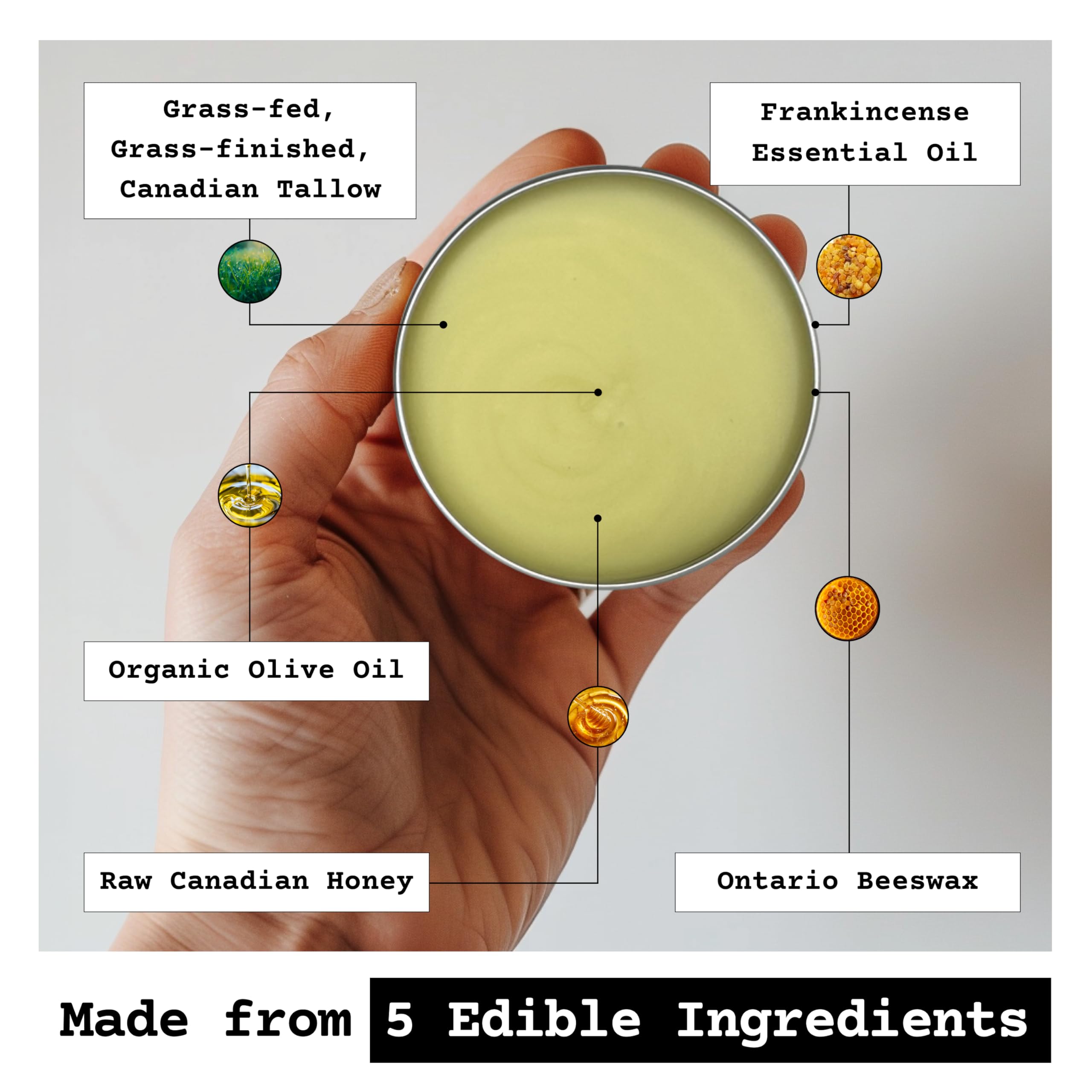 Close-up of The Tallowed Truth F-Balm Original tub showing a smooth, dense texture.