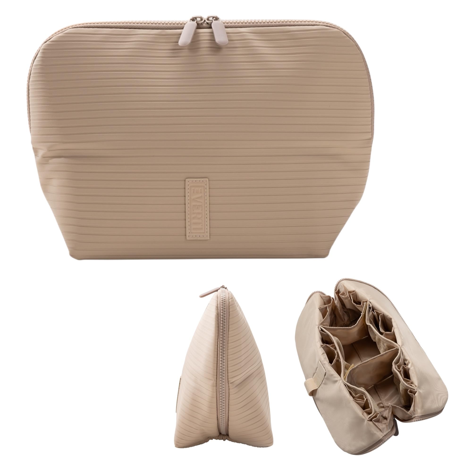 THE VERTI vertical makeup bag fold-open design for quick access and organized travel essentials