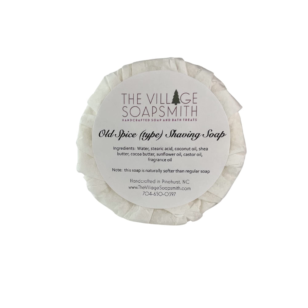 The Village Soapsmith Old Spice Shaving Soap bar shows creamy lather for a smooth shave.