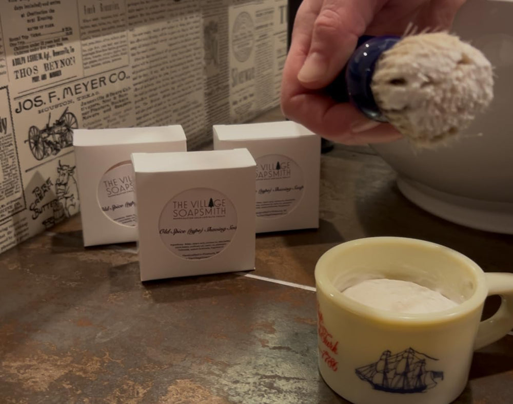 The Village Soapsmith thick-lather image highlights rich foam for a lasting shave.