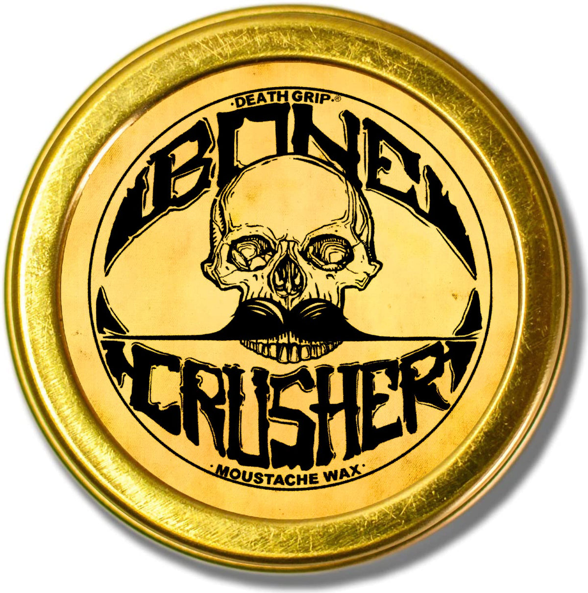 The Vintage Grooming Co Bone Crusher moustache wax tin close-up highlights strong hold and quality.