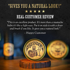 THE VINTAGE GROOMING CO Defender Mustache Balm tin ready to shape with natural light hold.