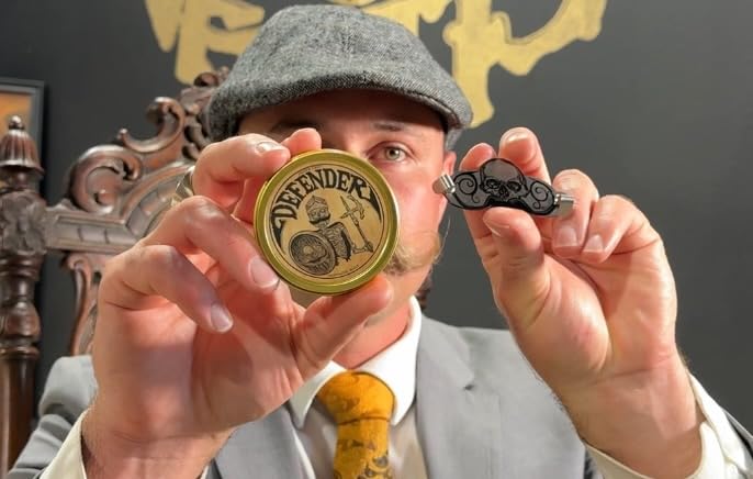 THE VINTAGE GROOMING CO Defender guard in use prevents mustache wetness during drinks.
