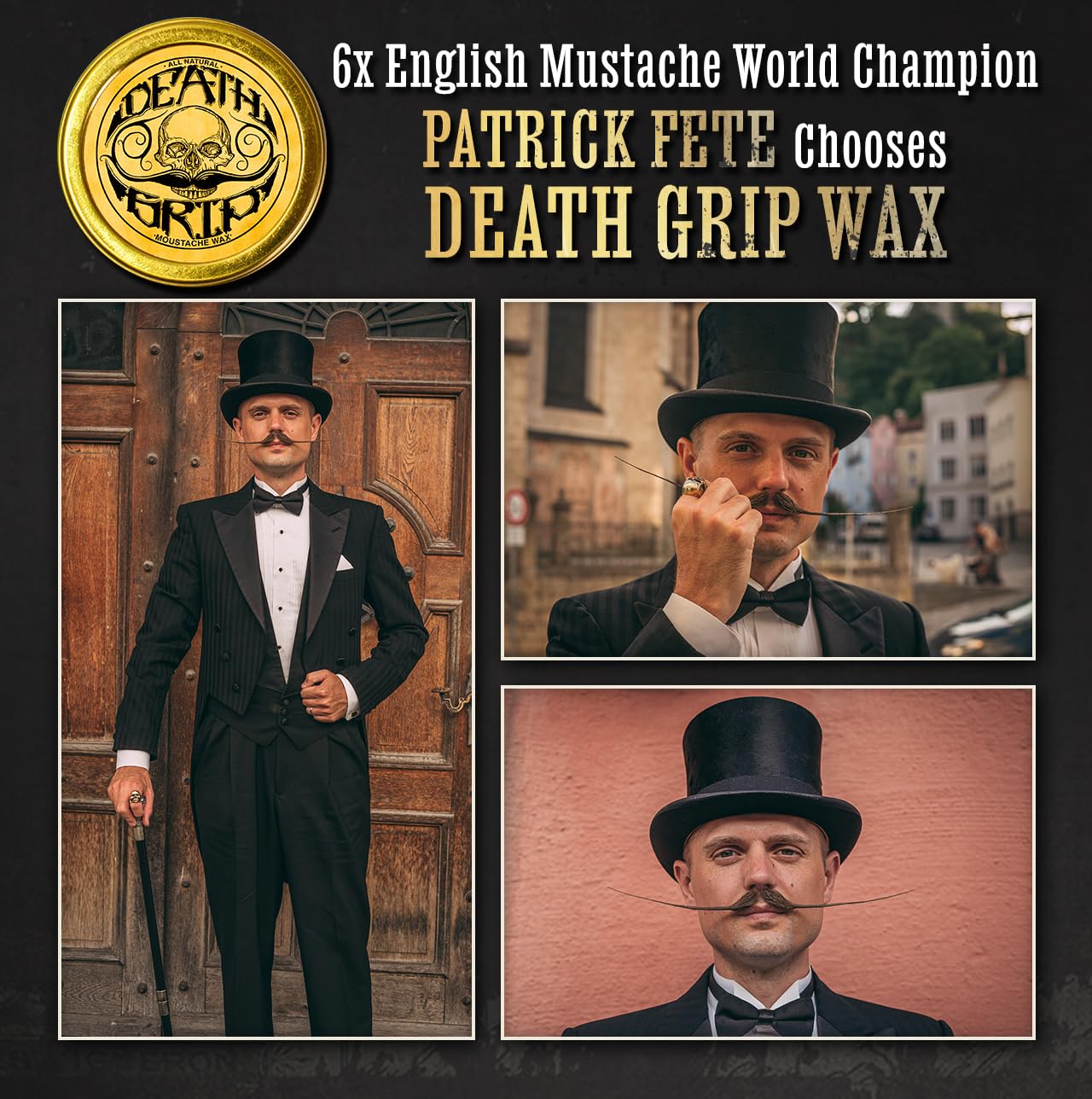 THE VINTAGE GROOMING CO Death Grip moustache wax being applied for precise shaping.