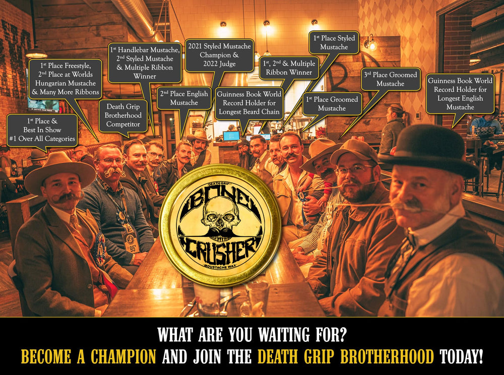 The Vintage Grooming Co strong hold moustache wax in climate-use image suggests all-day control.