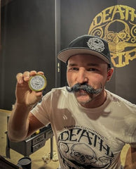The Vintage Grooming Co. sudden-death-wax-application demonstrates quick on-the-go styling