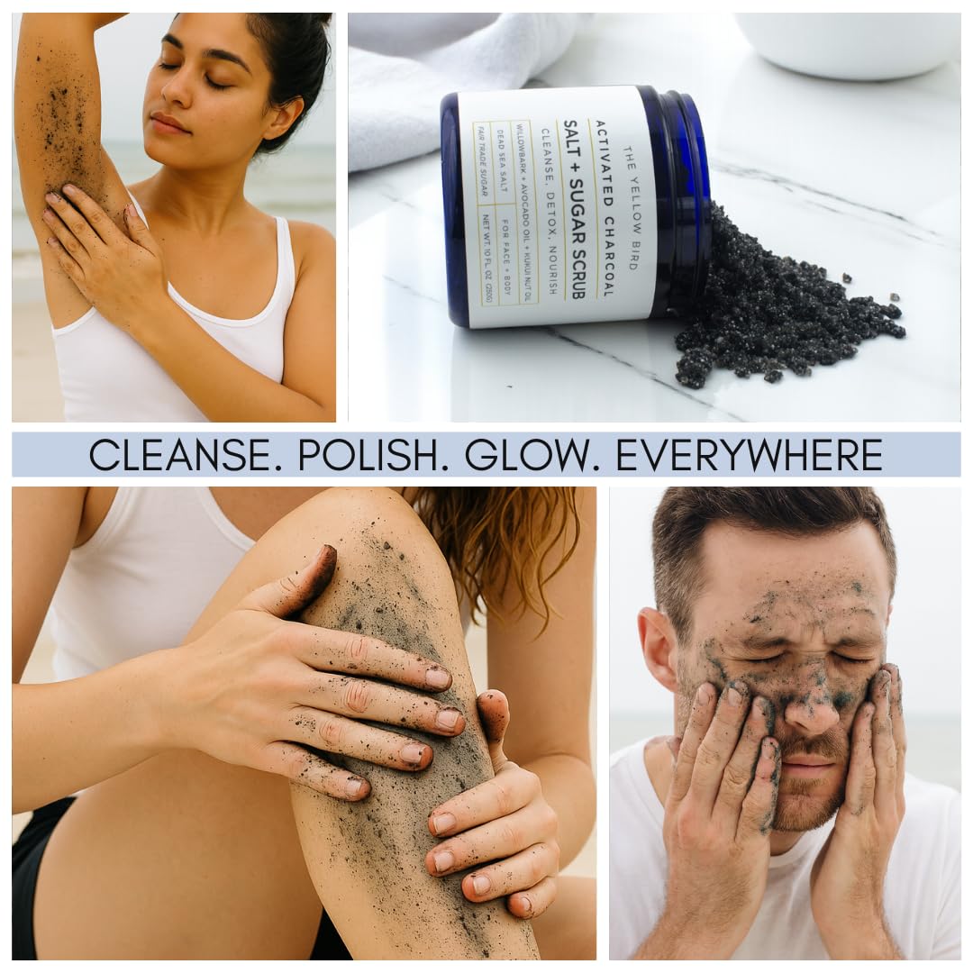 The Yellow Bird activated charcoal face scrub oil blend close-up emphasizes hydrating oils.