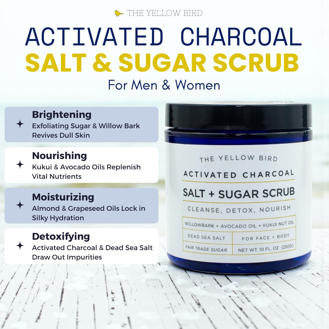 The Yellow Bird activated charcoal face scrub texture close-up shows gritty exfoliation.
