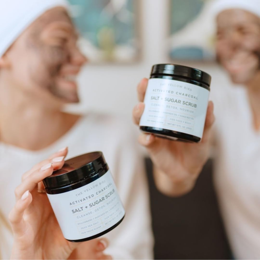 The Yellow Bird activated charcoal scrub USA-made label emphasizes clean, small-batch production.