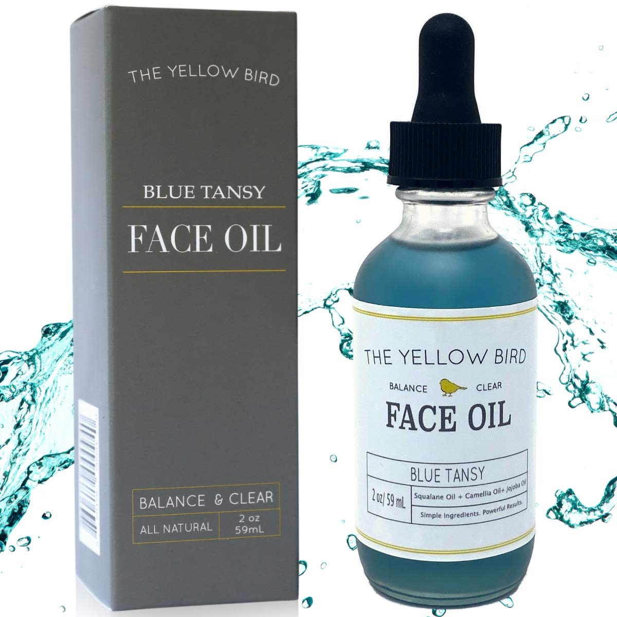 The Yellow Bird Balancing Blue Tansy Face Oil bottle for daily hydration and glow.