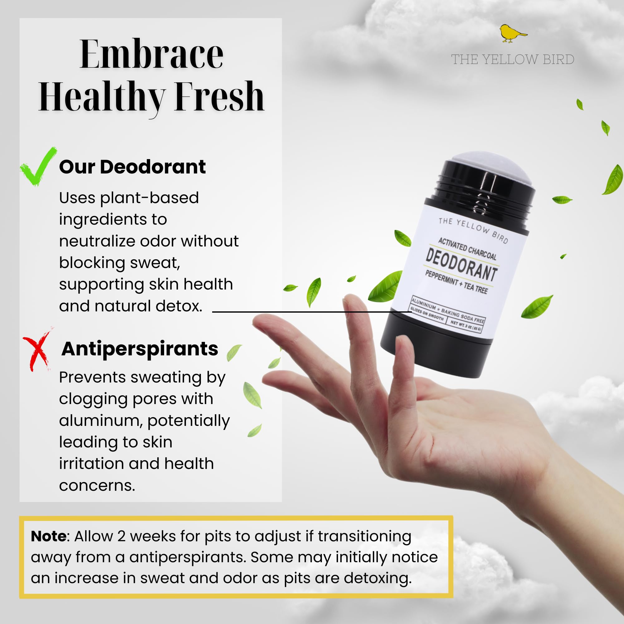 The Yellow Bird magnesium-arrowroot blend supports gentle, non-irritating protection.