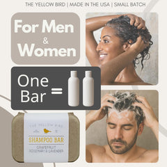 The Yellow Bird bar shampoo applied to hands to build lather.