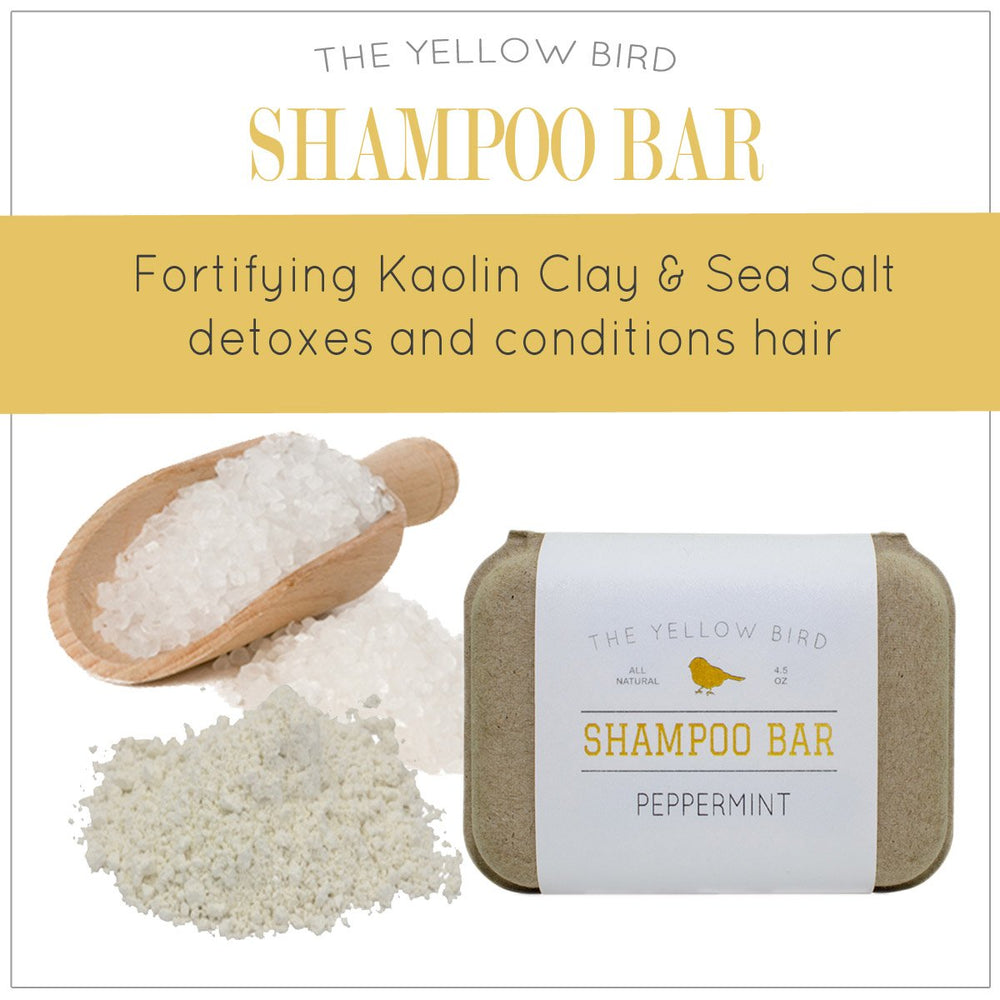 The Yellow Bird solid bar shampoo label highlights natural ingredients.