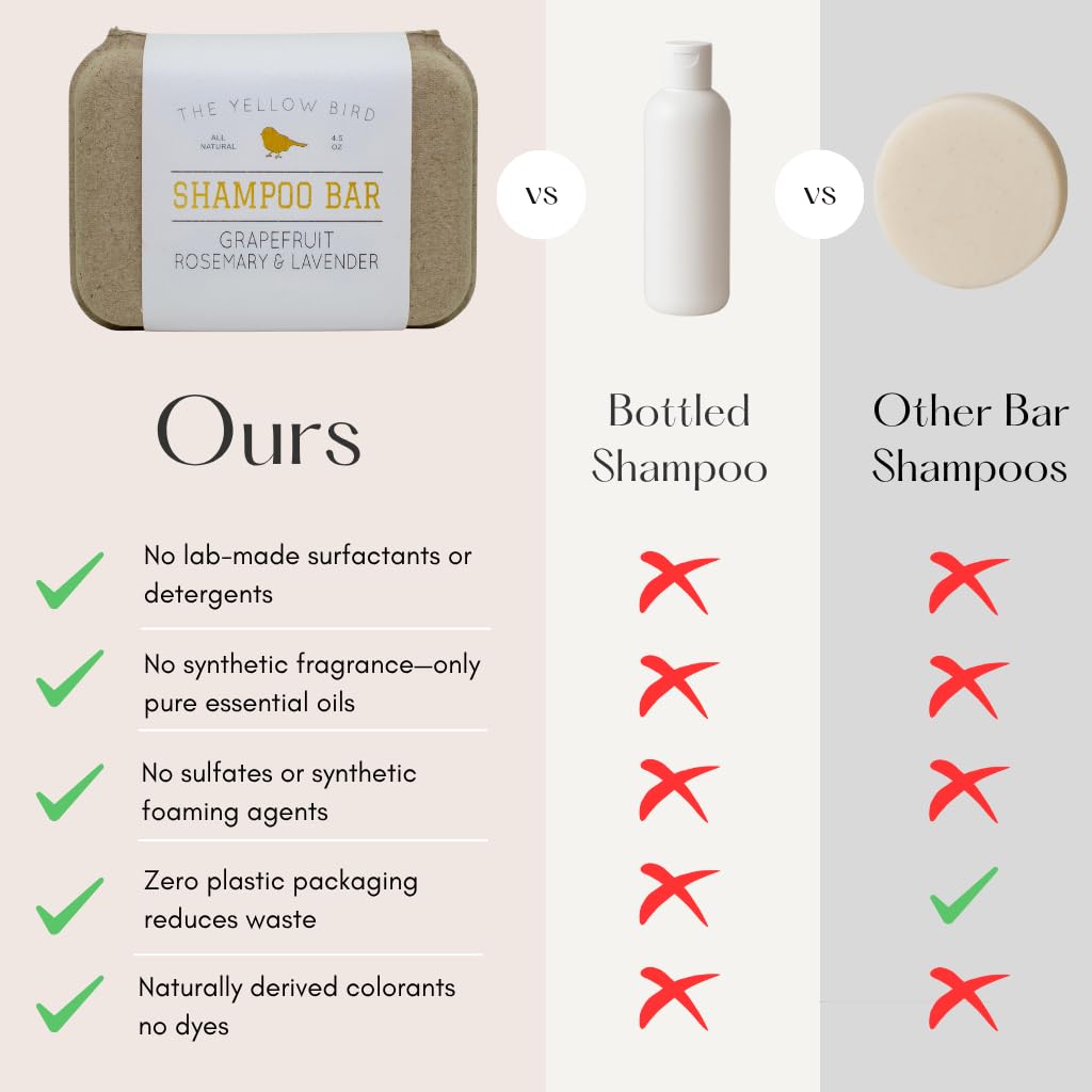 The Yellow Bird solid bar shampoo in travel-ready packaging.