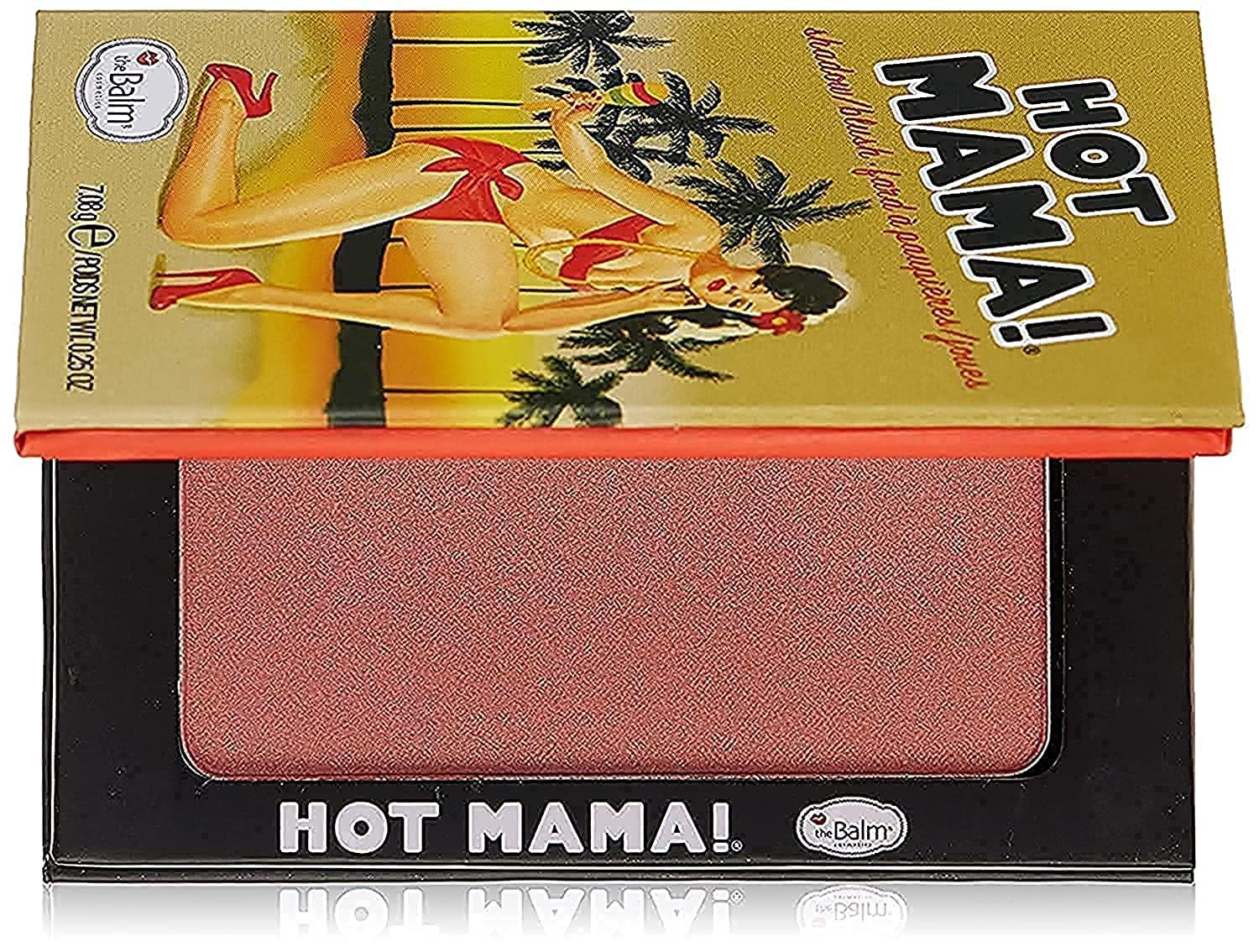 theBalm Hot Mama compact closeup, peachy-pink blush and subtle highlighter for radiant cheeks.
