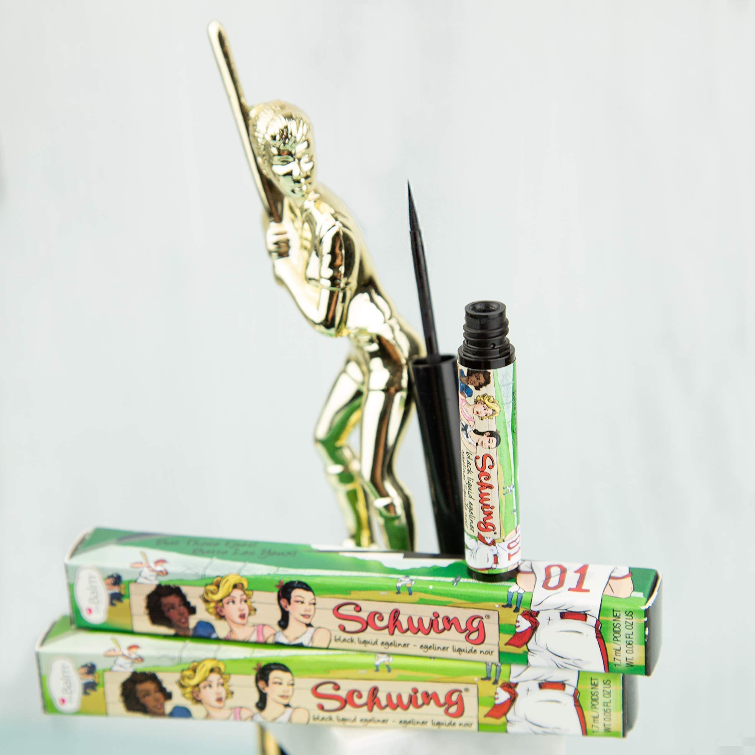 theBalm Schwing Liquid Eyeliner travel-friendly case fits makeup bags easily.