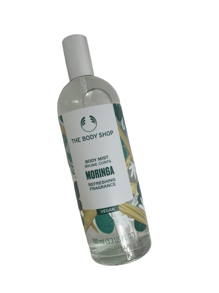 The Body Shop Moringa Body Mist spray application, offers long-lasting scent with paraben-free formulation.