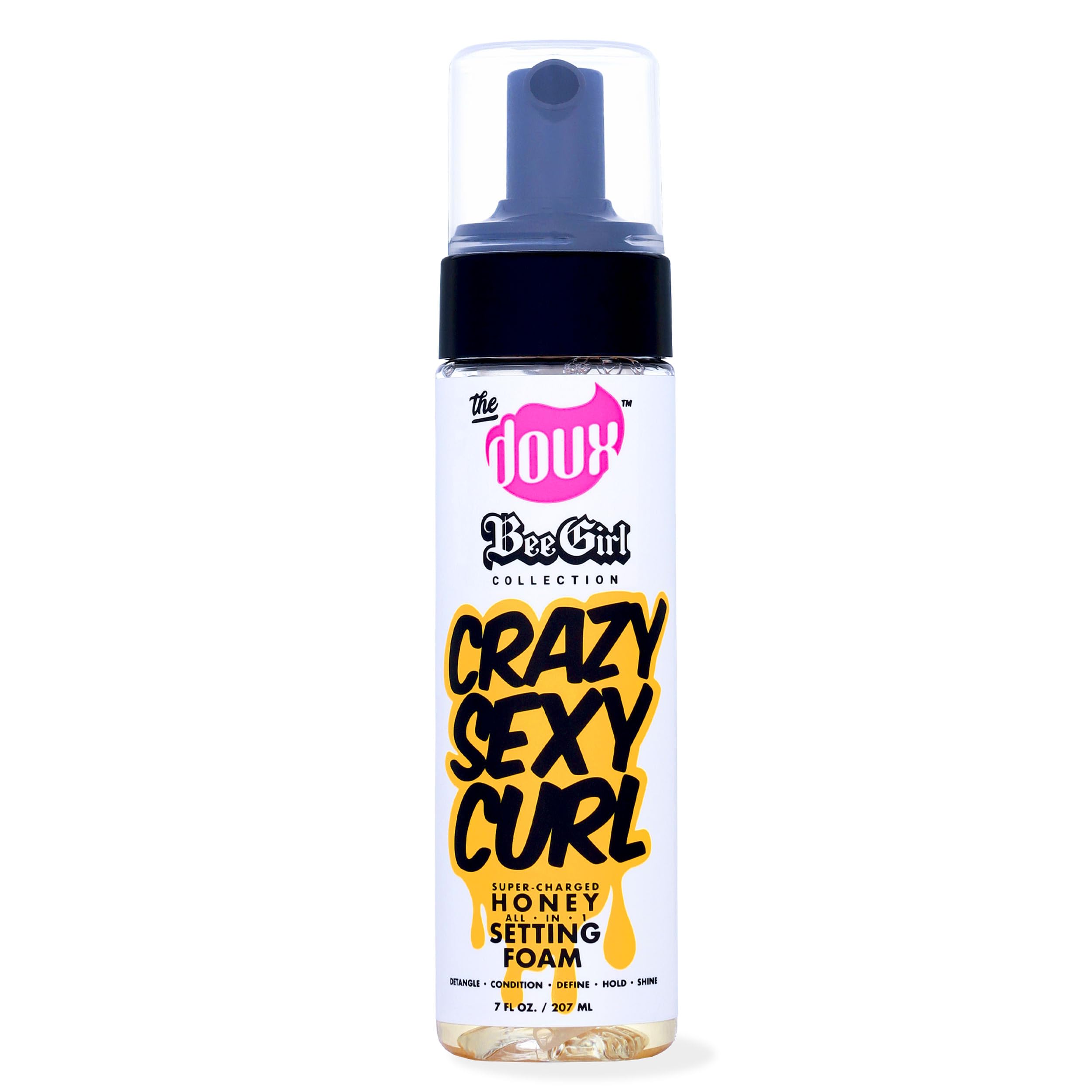 The Doux Curl Cream Setting Mousse packaging close-up highlighting frizz-control and moisture.