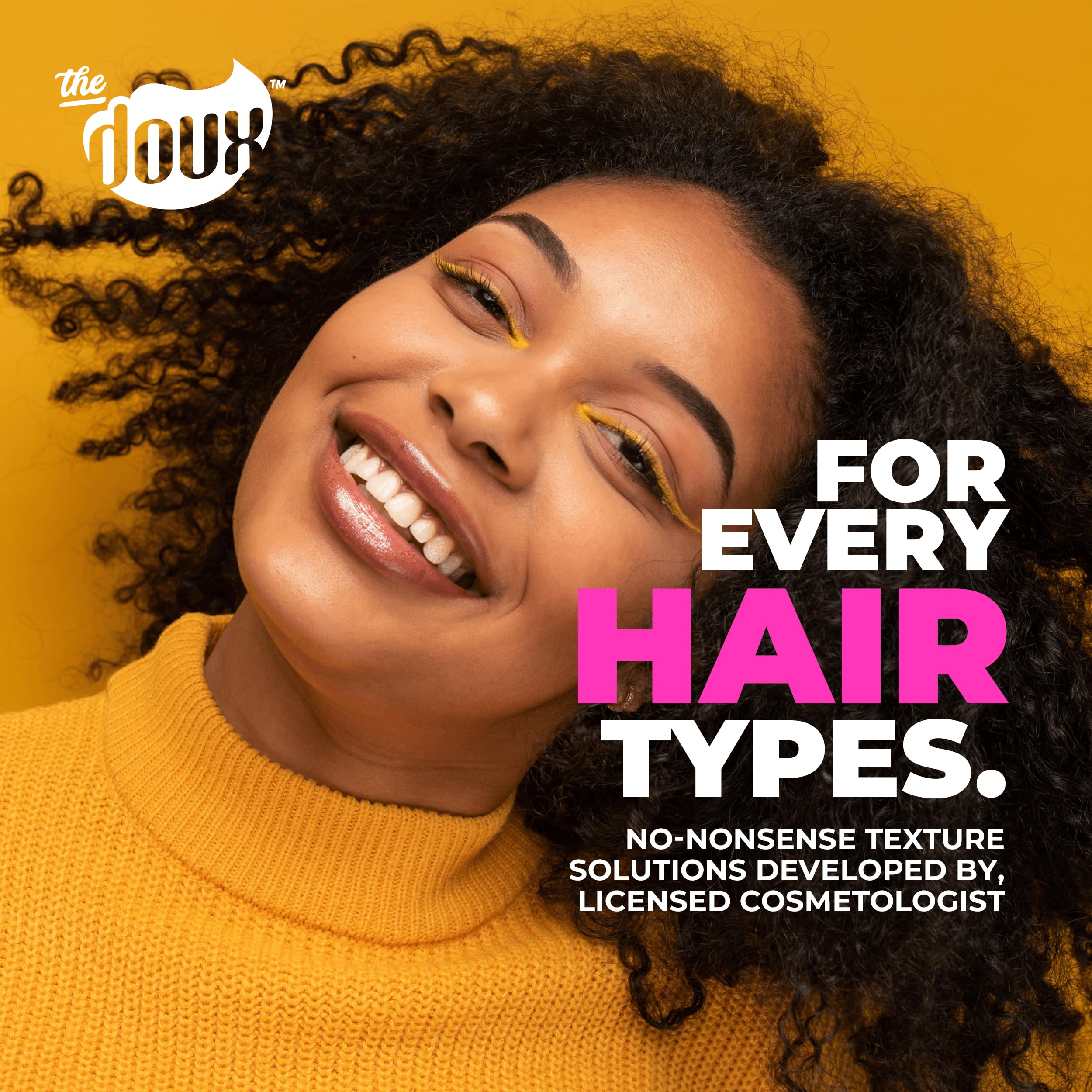 The Doux Frizz-control shine finish image features glossy, manageable curls.