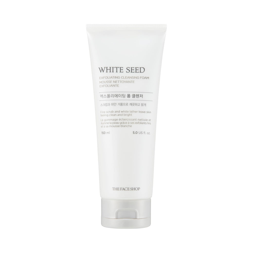The Face Shop bottle close-up of White Seed Exfoliating Cleansing Foam highlighting gentle cleansing.