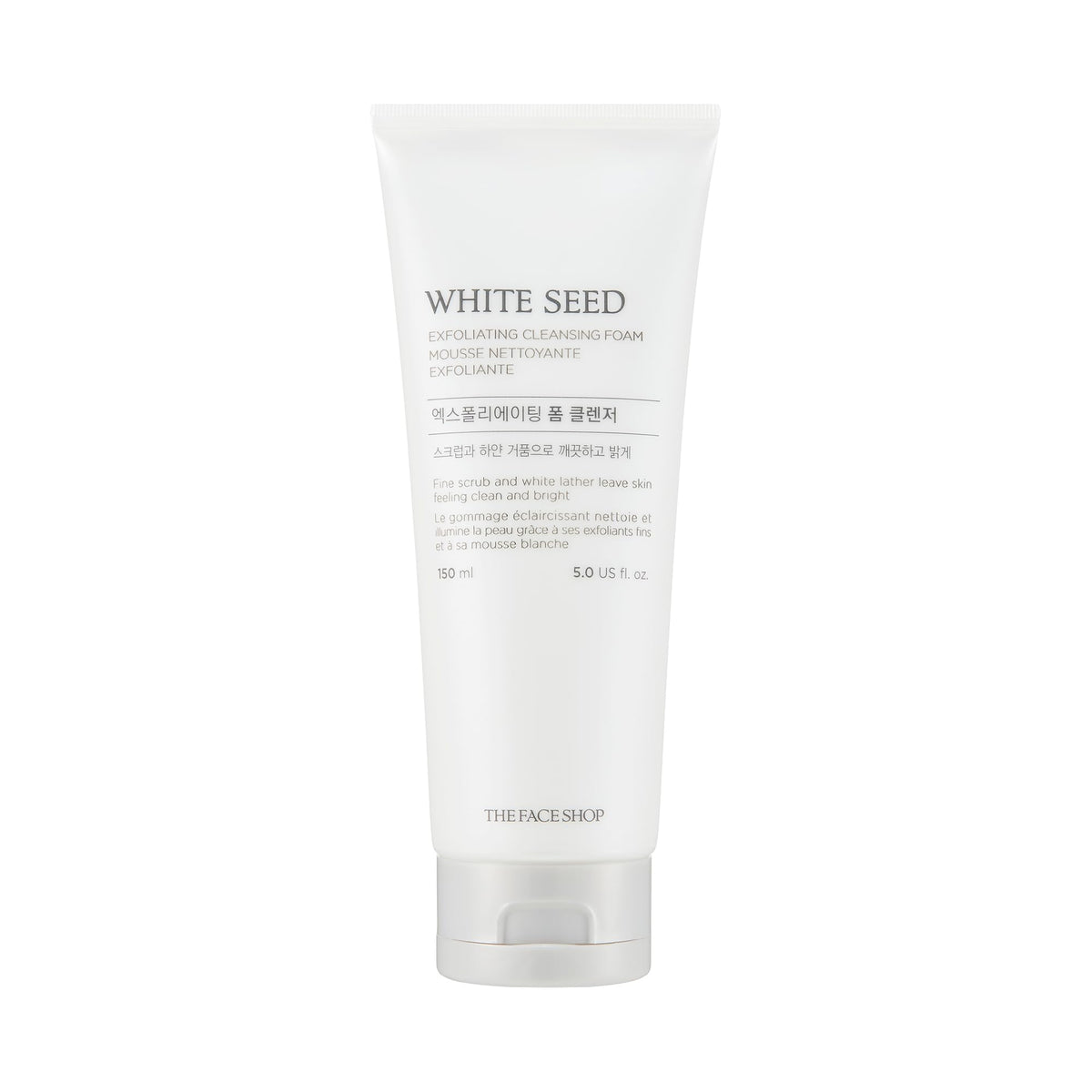The Face Shop bottle close-up of White Seed Exfoliating Cleansing Foam highlighting gentle cleansing.