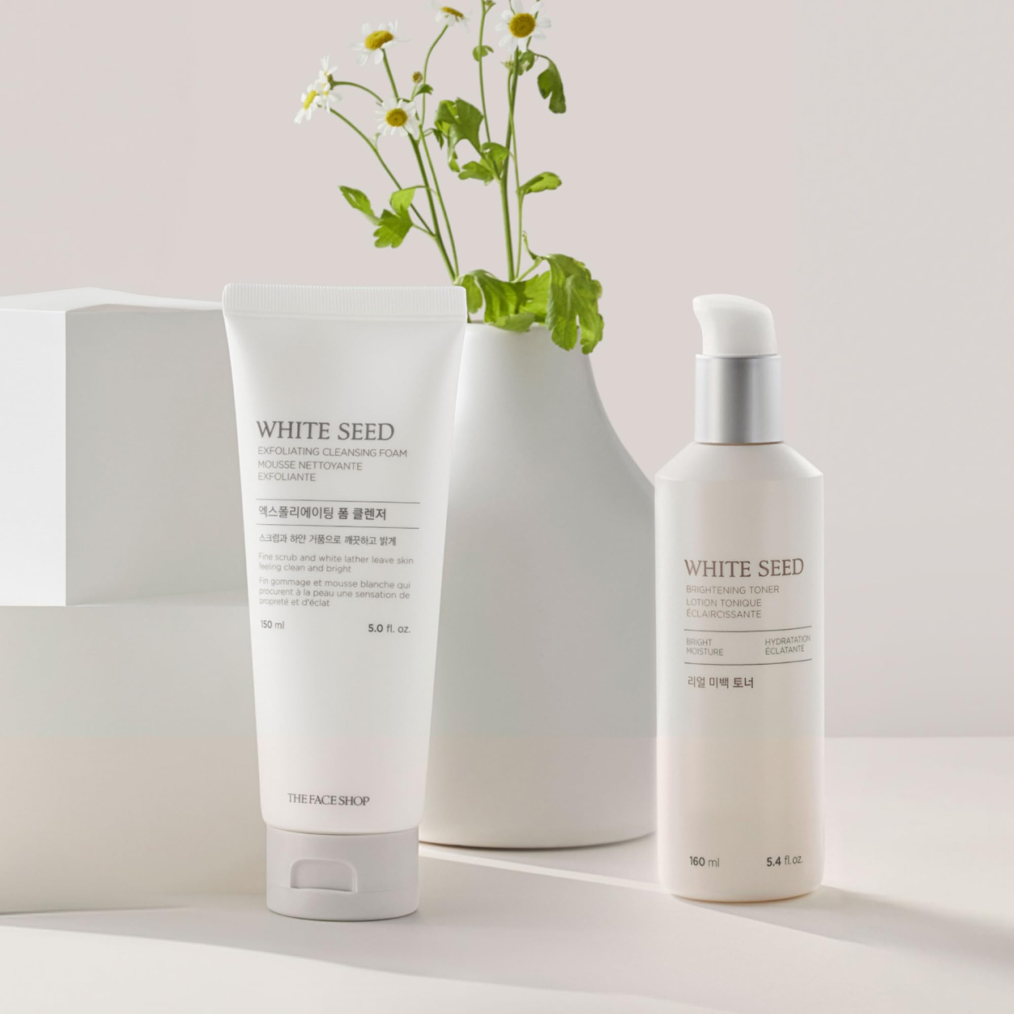 Daily cleansing routine scene with The Face Shop White Seed Exfoliating Cleansing Foam.