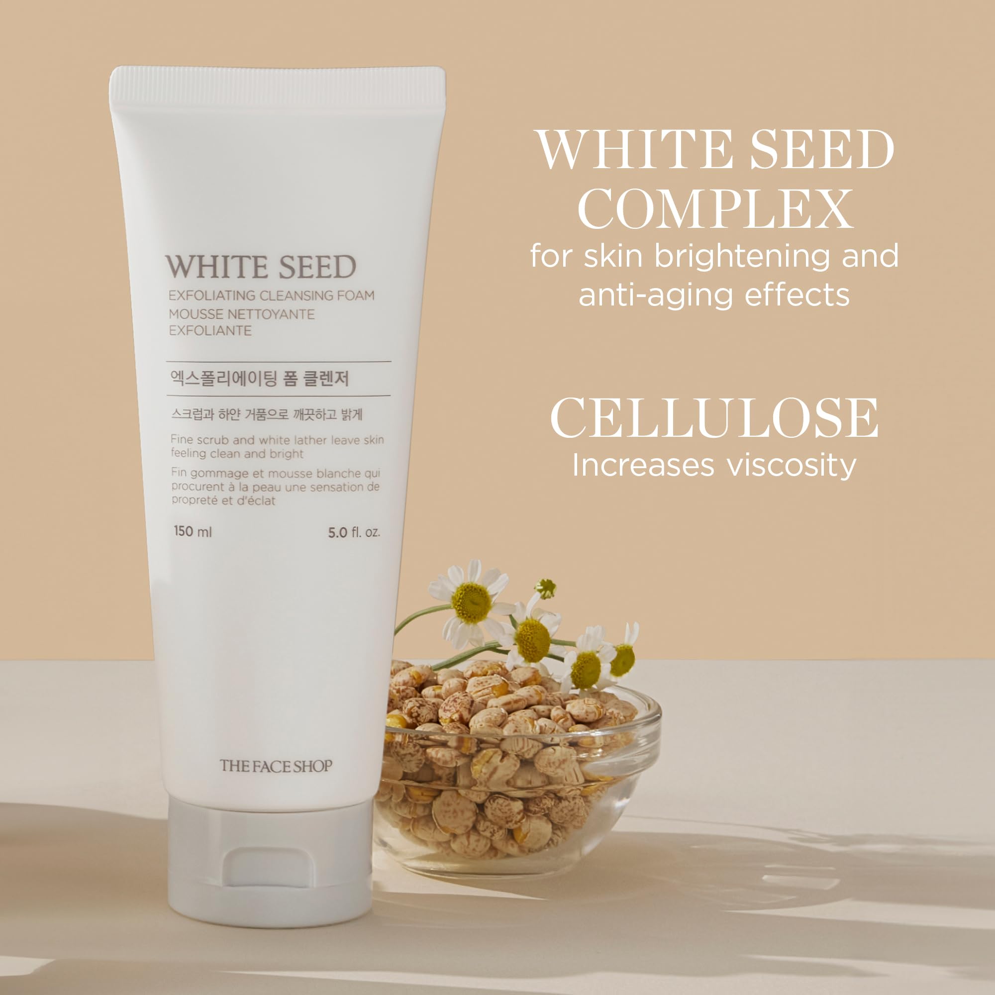 Flatlay of product with 5.07 oz size for at-home skincare using White Seed Exfoliating Foam.
