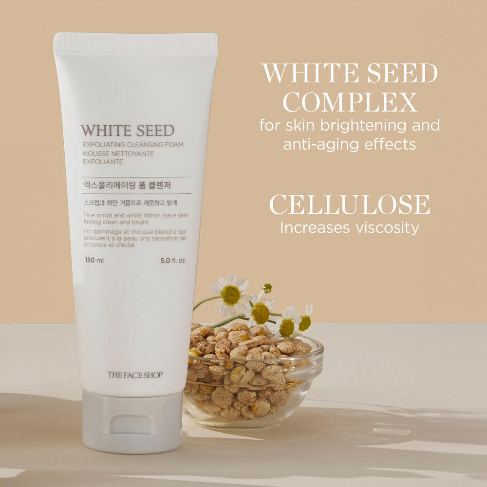 Flatlay of product with 5.07 oz size for at-home skincare using White Seed Exfoliating Foam.