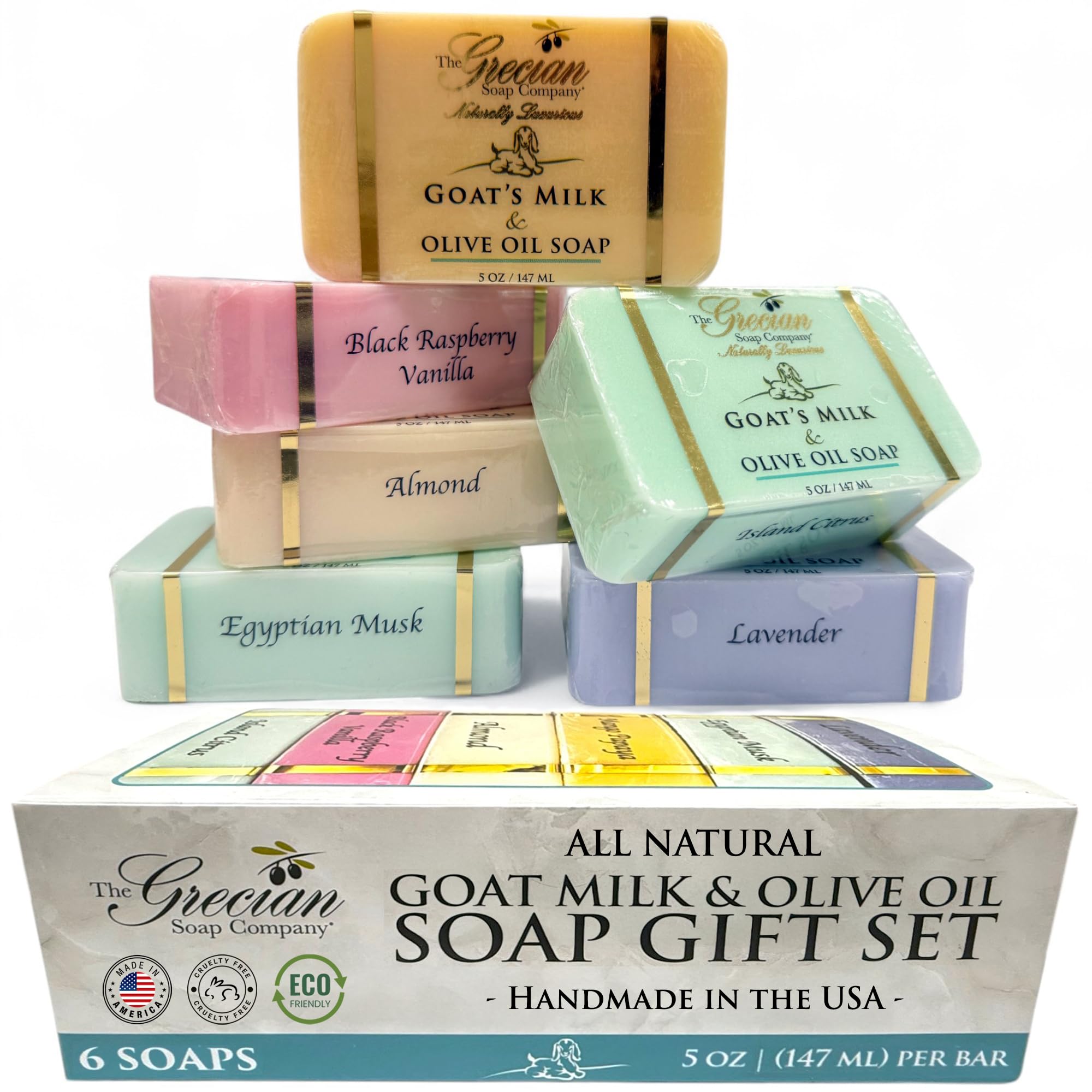 The Grecian Soap Company six-pack front view shows moisturizing goat milk bars for daily wash.