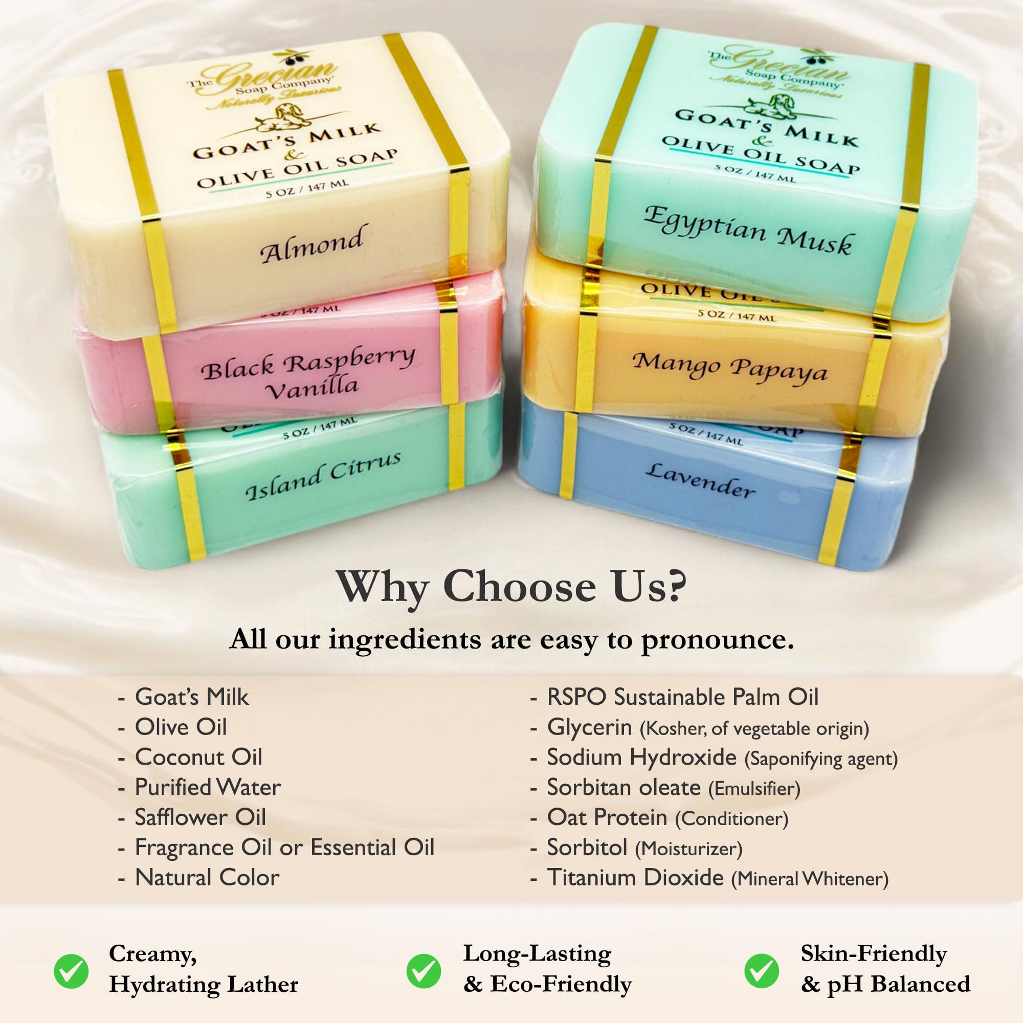 The Grecian Soap Company non-toxic formula signals gentle everyday use.
