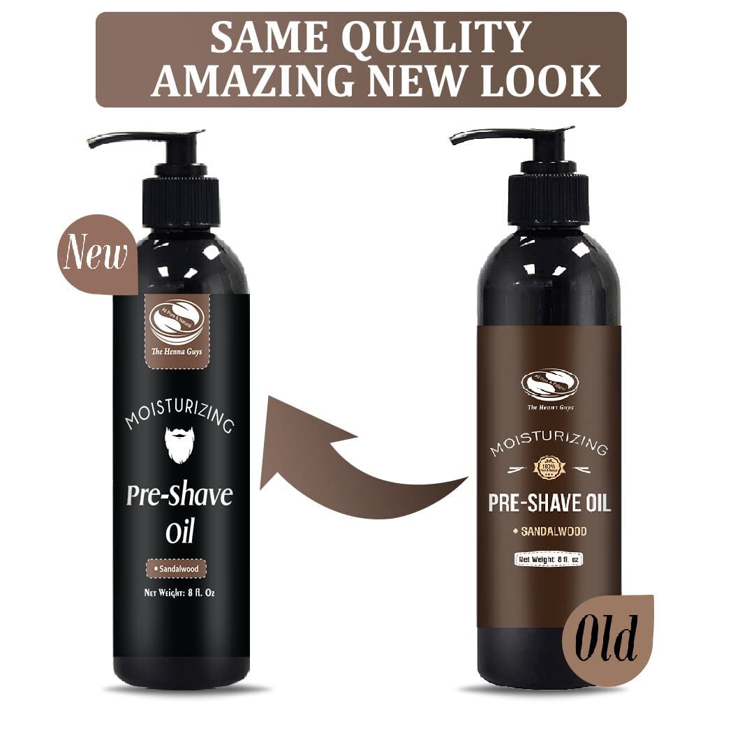 The Henna Guys sandalwood scent bottle closeup emphasizing masculine aroma for a refreshing shave