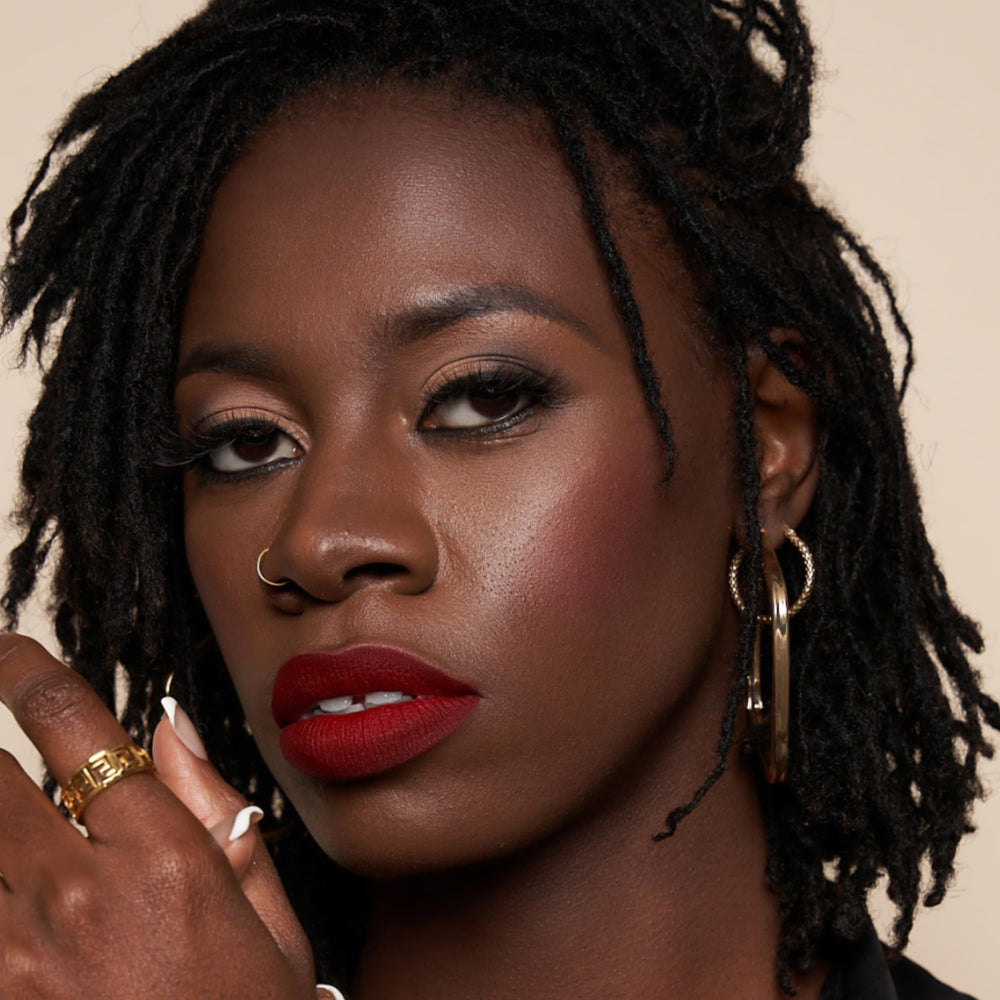 The Lip Bar Bawse Lady 8-12 hour wear demo illustrating long-lasting color.
