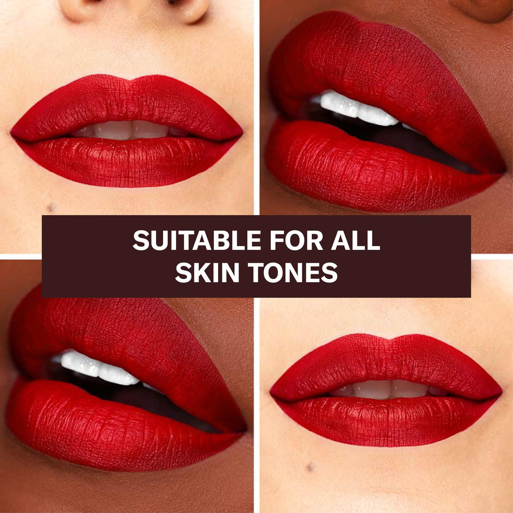 The Lip Bar Bawse Lady liquid matte swatch on skin demonstrates high pigment that stands out.