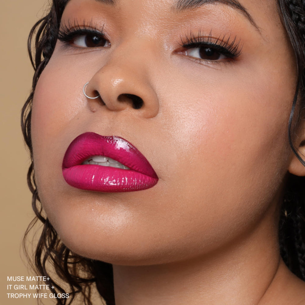 The Lip Bar Ombre lip look using Muse Deep Berry highlights versatile styling options.