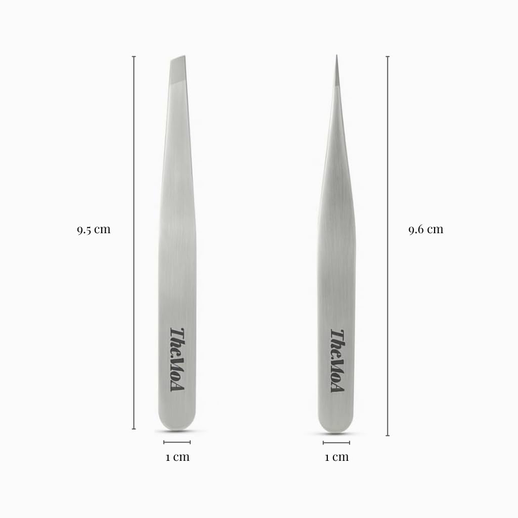 THEMOA pointed-tip tweezers close-up for precision plucking of fine hairs.