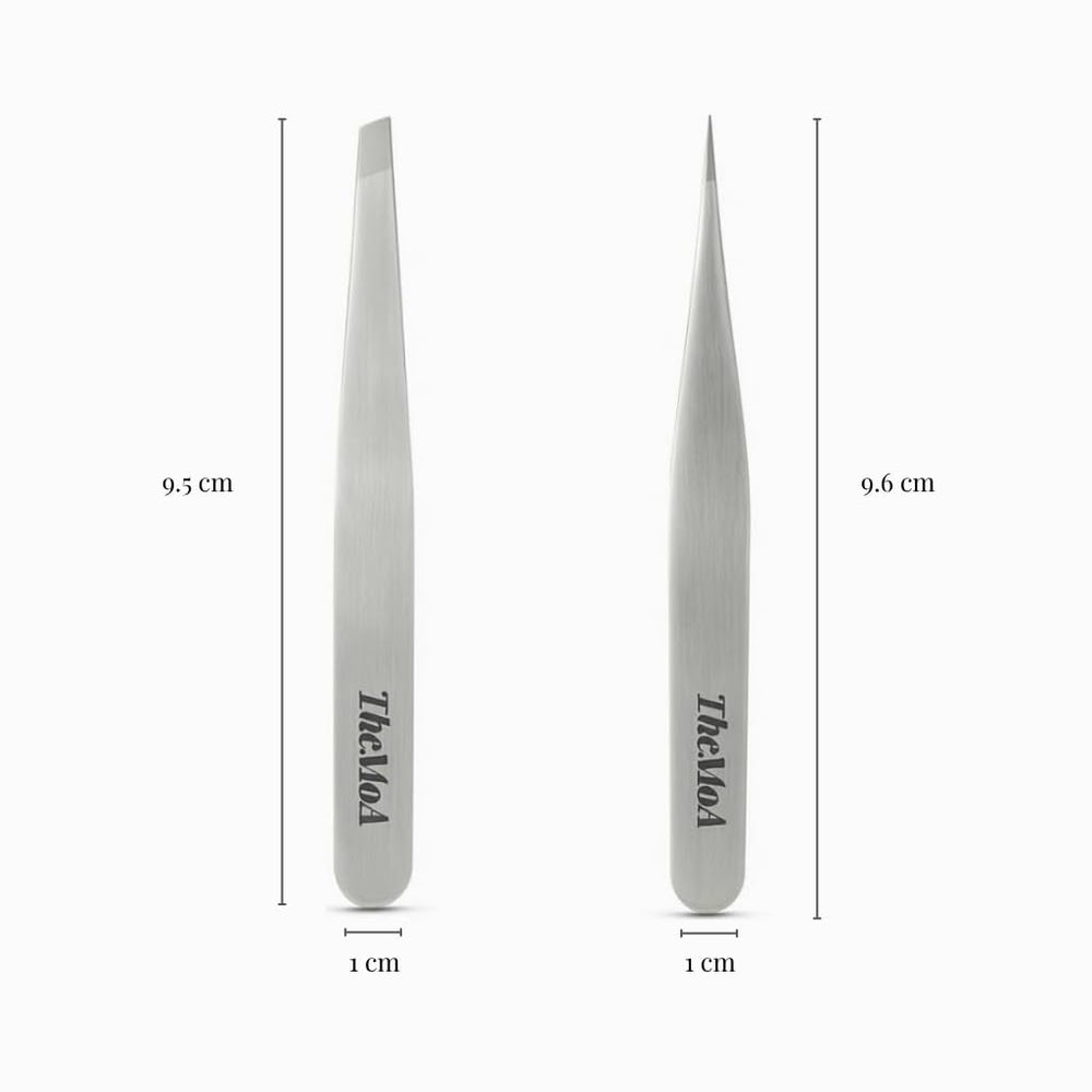 THEMOA pointed-tip tweezers close-up for precision plucking of fine hairs.