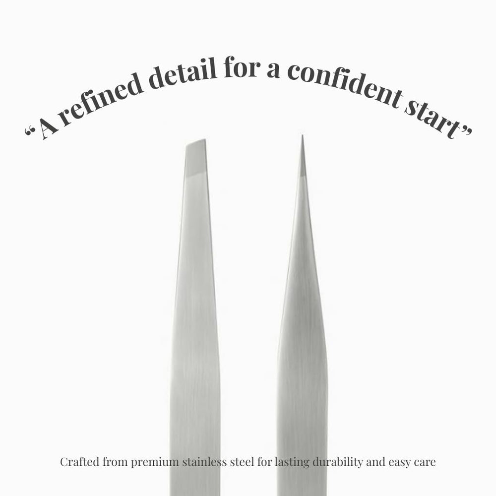 THEMOA slant-tip tweezers close-up for quick gripping and tidy eyebrow shaping.
