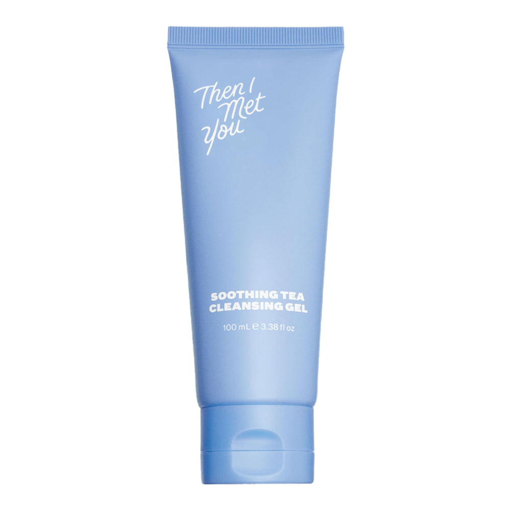 Then I Met You Soothing Tea Cleansing Gel bottle closeup showcases luxe packaging and gentle cleanse formula.