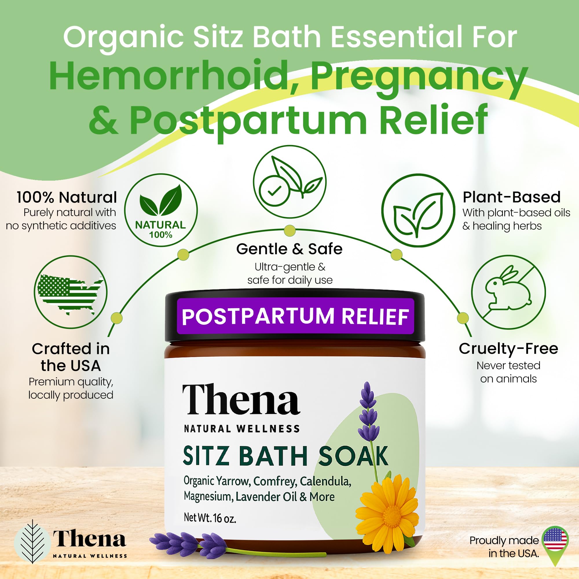 THENA packaging box highlighting 19-in-1 formula for postpartum comfort.