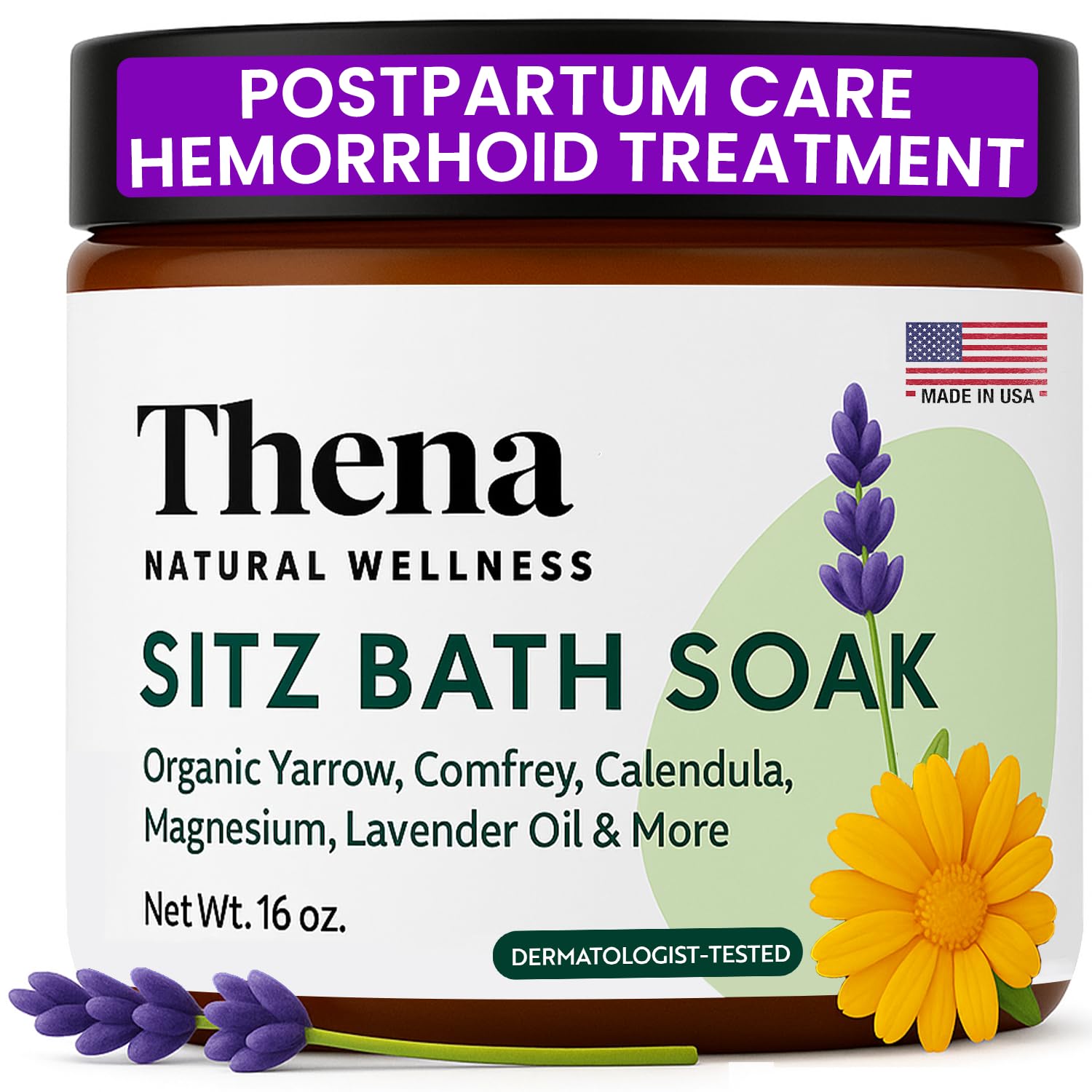 THENA Sitz Bath soak bottle with lavender-infused epsom salts for soothing relief.