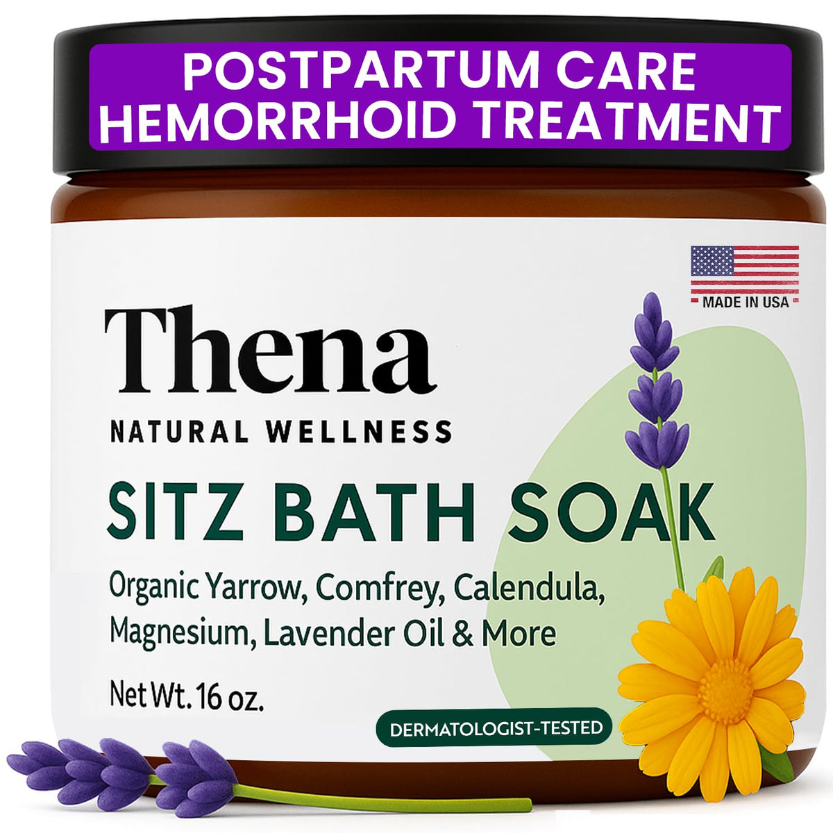 THENA Sitz Bath soak bottle with lavender-infused epsom salts for soothing relief.