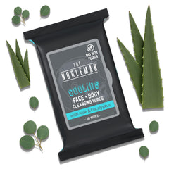 The Nobleman wipes applied on face demonstrates quick cooling cleanse after workouts.