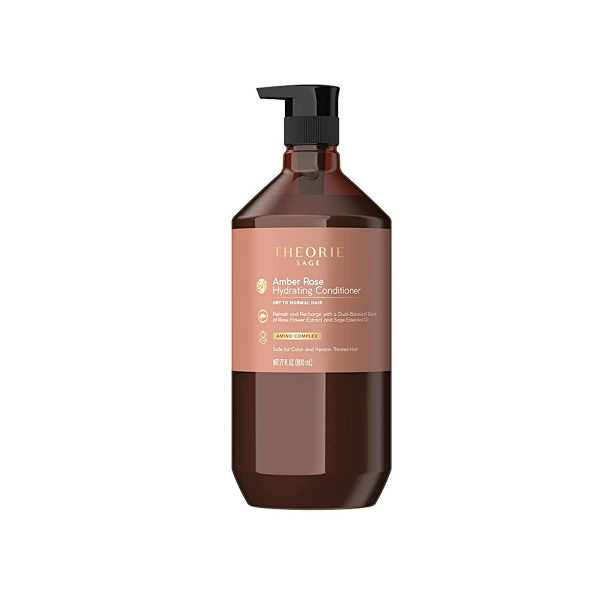 Theorie Amber Rose Hydrating Conditioner bottle showcases premium hydration with a rose-jasmine-amber scent.