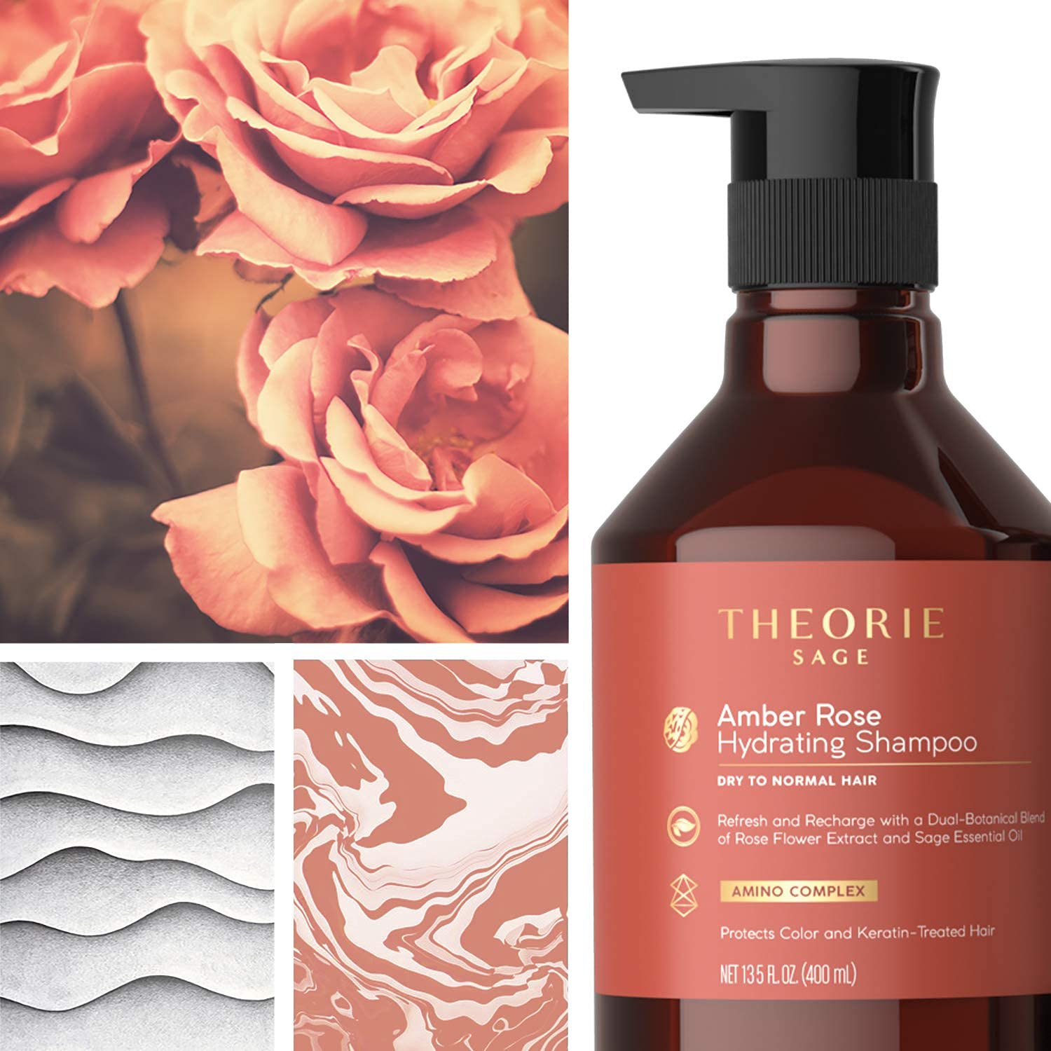Theporte Amber Rose Hydrating Conditioner's ingredients highlight rose extract and sage for nourishing hydration.