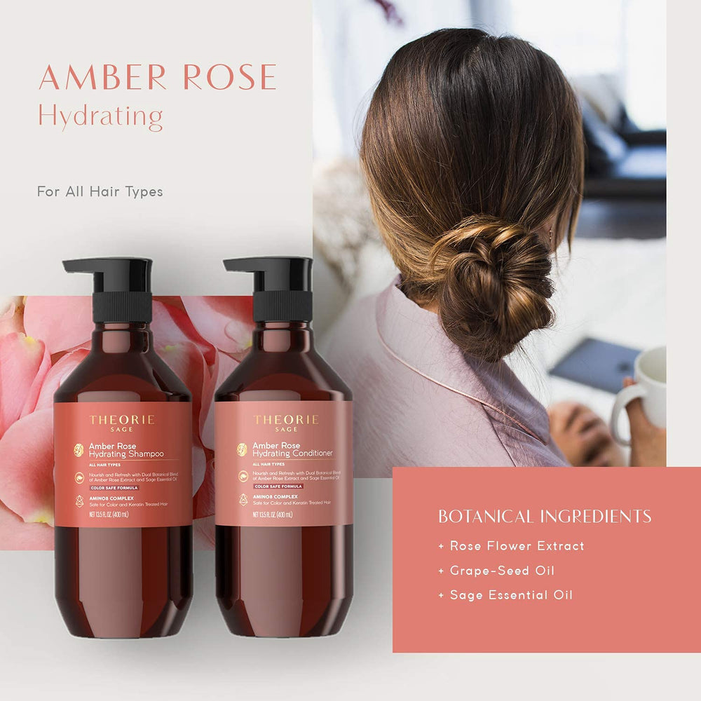 Lifestyle use shows a relaxing shower routine with Theorie conditioner and luxurious fragrance.