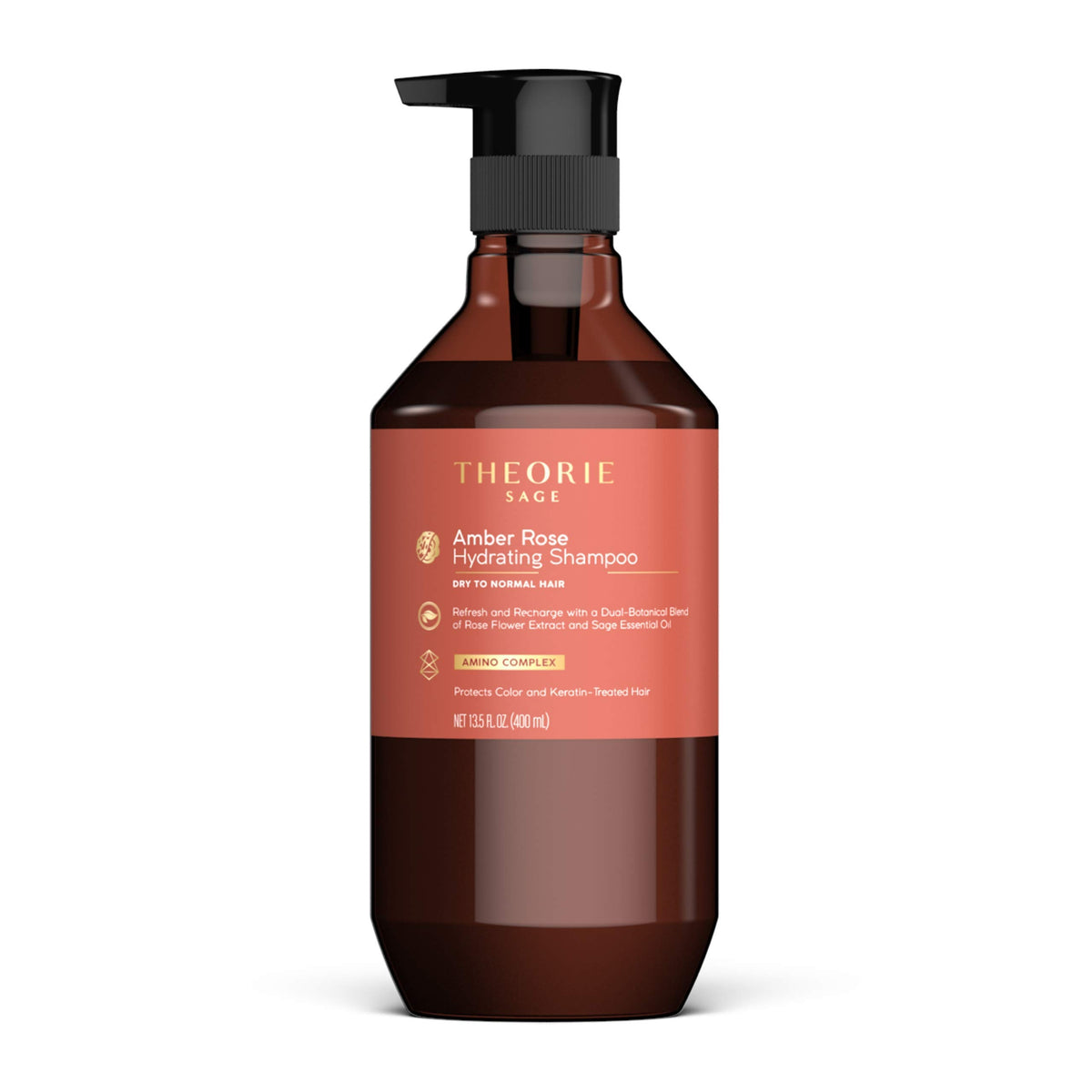Theorie Amber Rose Hydrating Shampoo bottle offers luxurious scent and daily hydration.