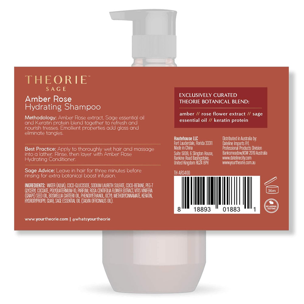 The Theorie Amber Rose Hydrating Shampoo is color and keratin-treated hair friendly.